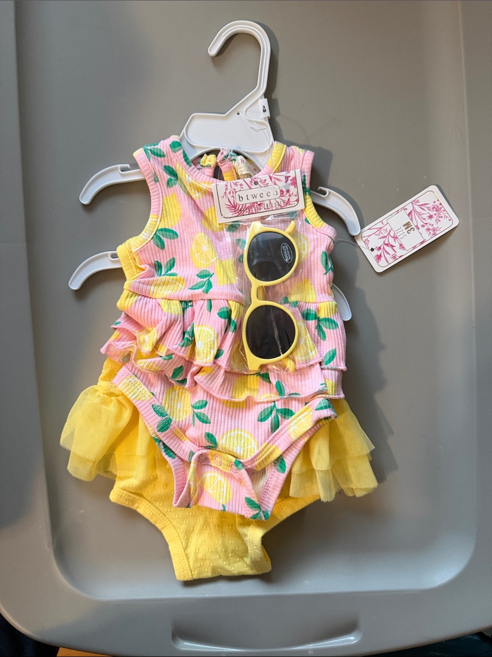 btween Pink Lemon Print Ruffle Matching Set with Yellow Tulle